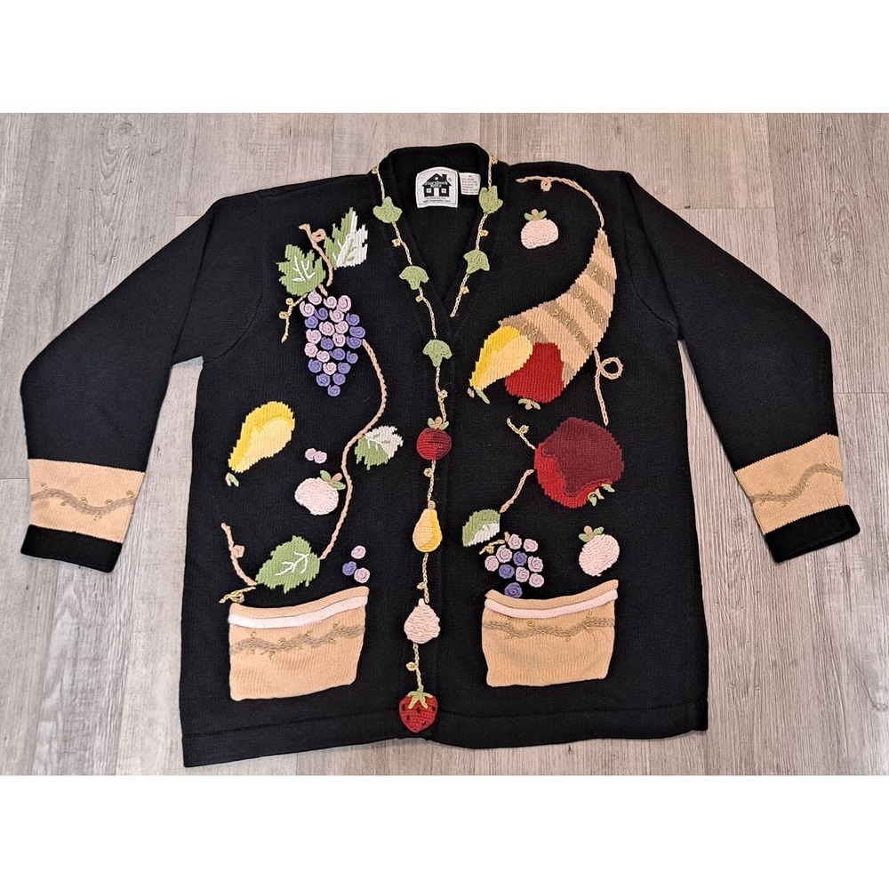 Storybook Knits Womens Cardigan‎ Sweater Black Fruit Design Long Sleeve Medium